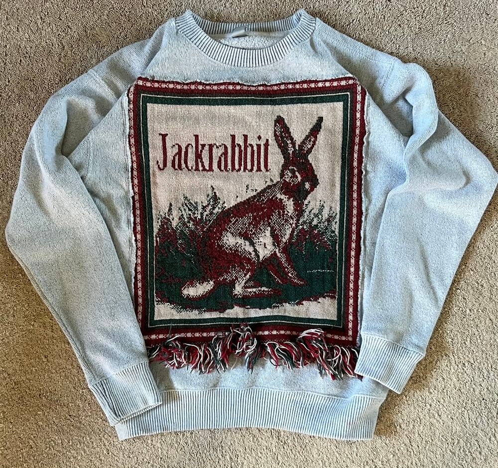 Jackrabbit tapestry crewneck, upcycled,  fringe accent sz Small